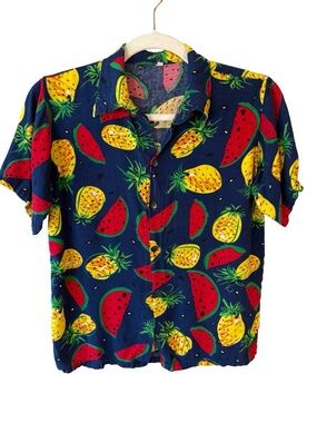 Tropical Fruit Print Button-Up Shirt - Navy Background Size S Retro Y2K Vacation